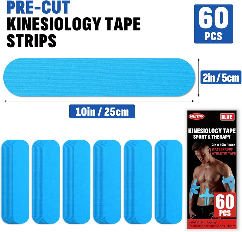 NUITPY 60PCS Precut Kinesiology Tape Strips, 2 inch x 10 inch Athletic Tape, Kinetic Tape, Elastic Muscle Tape, Sports Tape, Knee Tape for Exercise and Daily Use - Light Blue - Image 2
